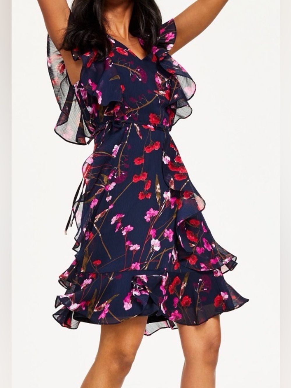 Tommy Hilfiger Women's Black Ruffled Floral-Print V-Neck Dress Size 2